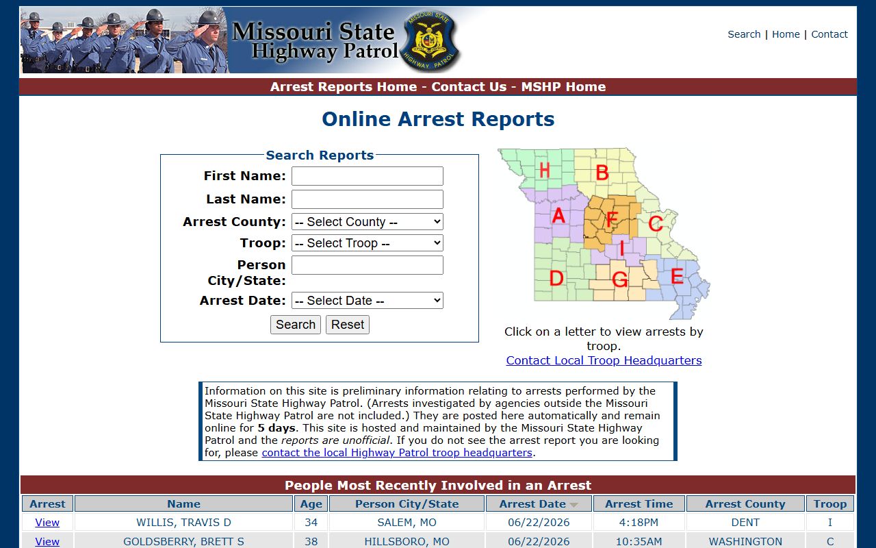 Schuyler County arrest records MSHP arrest reports search