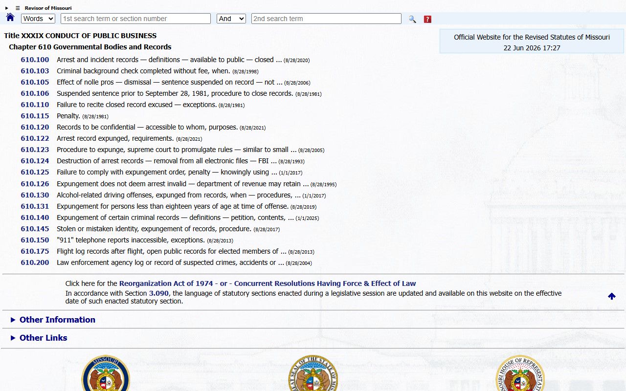 Schuyler County criminal court records Missouri expungement statute source