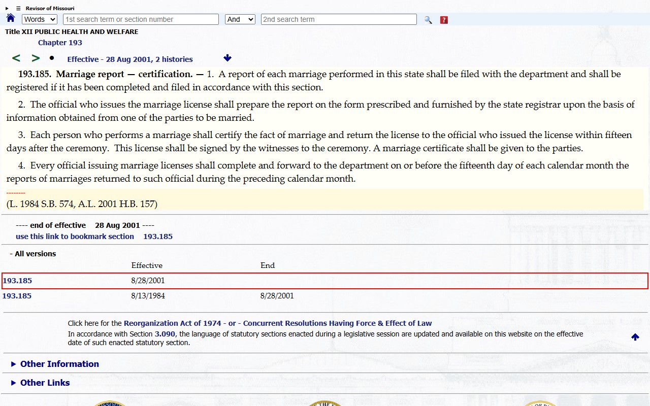 Schuyler County marriage records Missouri marriage certification return statute