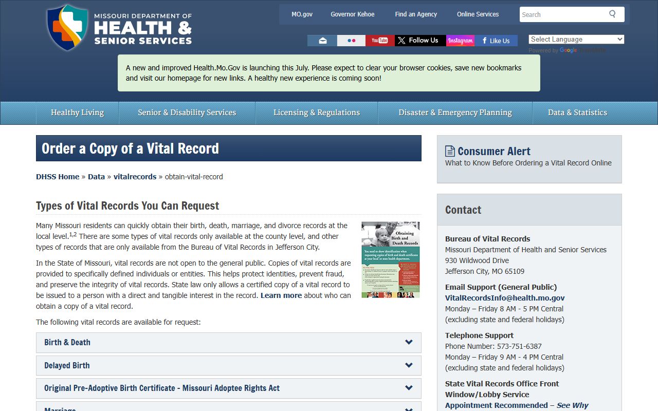 Schuyler County marriage records Missouri vital records ordering page